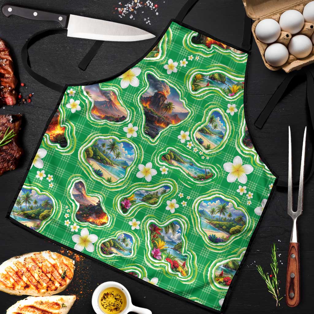 Hawaii Map with Plumeria Flower and Palaka Pattern Apron Tropical Island Green Design LT03 Green - Polynesian Pride