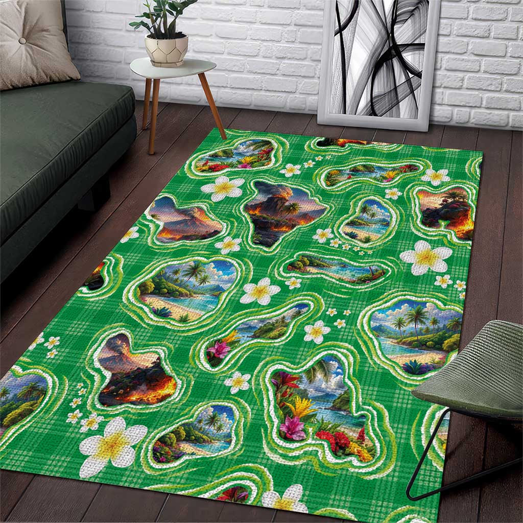 Hawaii Map with Plumeria Flower and Palaka Pattern Area Rug Tropical Island Green Design