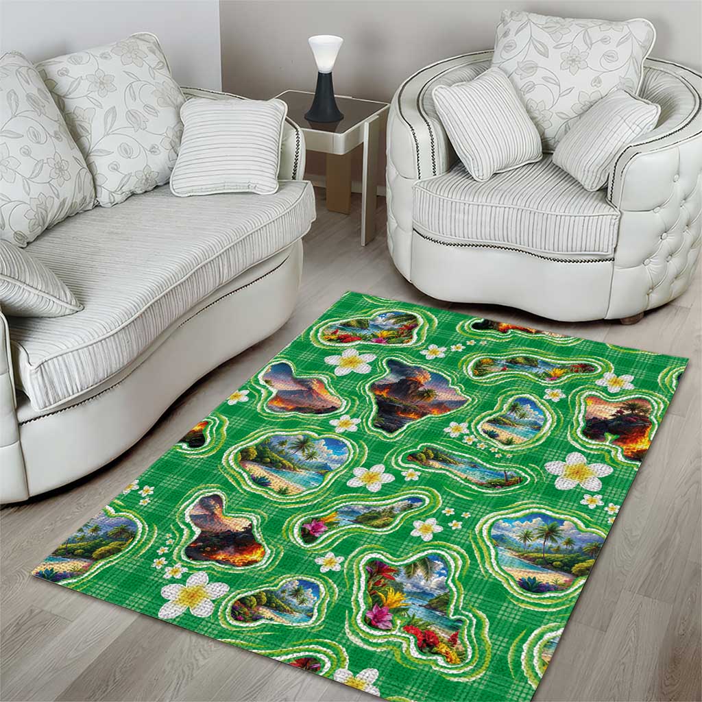 Hawaii Map with Plumeria Flower and Palaka Pattern Area Rug Tropical Island Green Design LT03 - Polynesian Pride