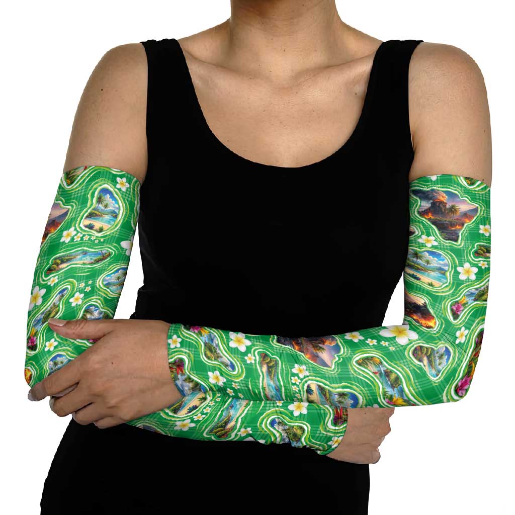 Hawaii Map with Plumeria Flower and Palaka Pattern Arm Sleeves Tropical Island Green Design LT03 - Polynesian Pride