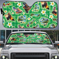 Hawaii Map with Plumeria Flower and Palaka Pattern Auto Sun Shade Tropical Island Green Design LT03 Green - Polynesian Pride