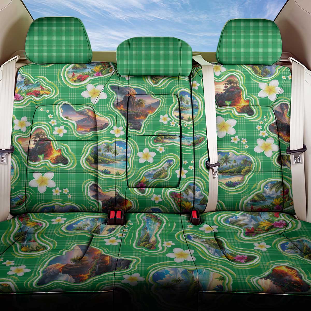 Hawaii Map with Plumeria Flower and Palaka Pattern Back Car Seat Cover Tropical Island Green Design LT03 One Size Green - Polynesian Pride
