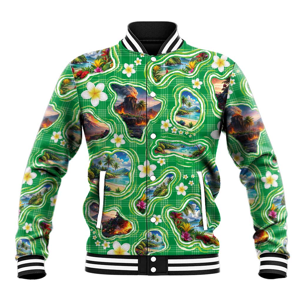 Hawaii Map with Plumeria Flower and Palaka Pattern Baseball Jacket Tropical Island Green Design LT03 Unisex Green - Polynesian Pride