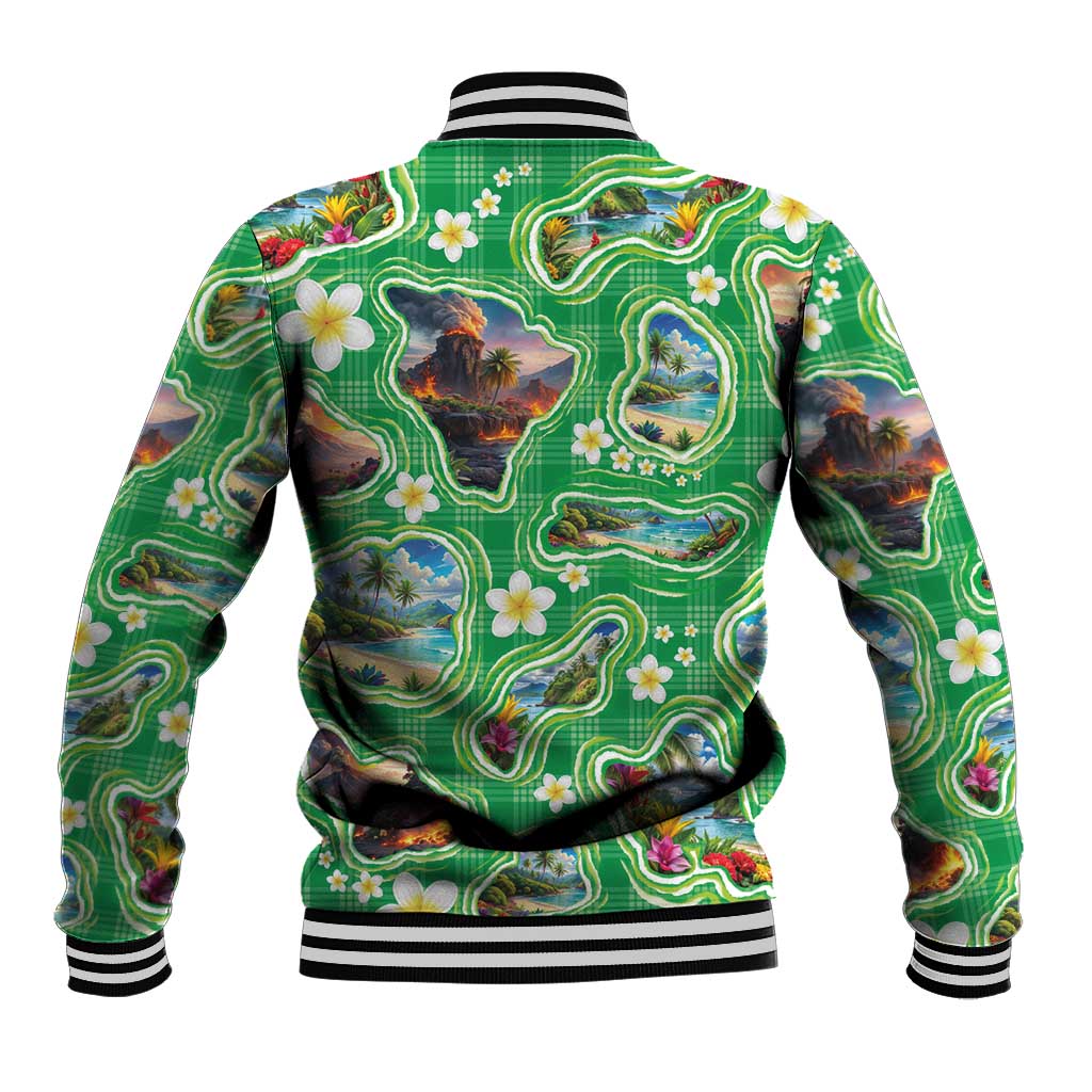 Hawaii Map with Plumeria Flower and Palaka Pattern Baseball Jacket Tropical Island Green Design LT03 - Polynesian Pride