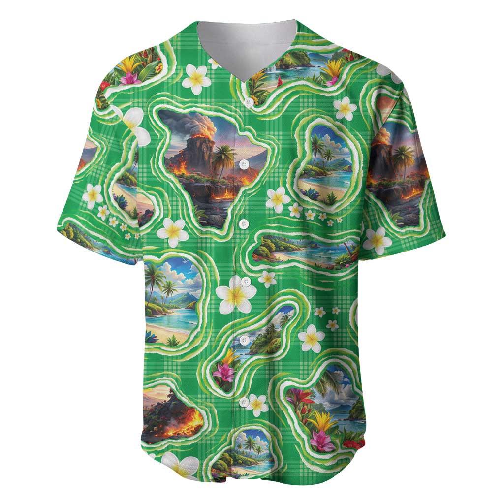 Hawaii Map with Plumeria Flower and Palaka Pattern Baseball Jersey Tropical Island Green Design LT03 Green - Polynesian Pride