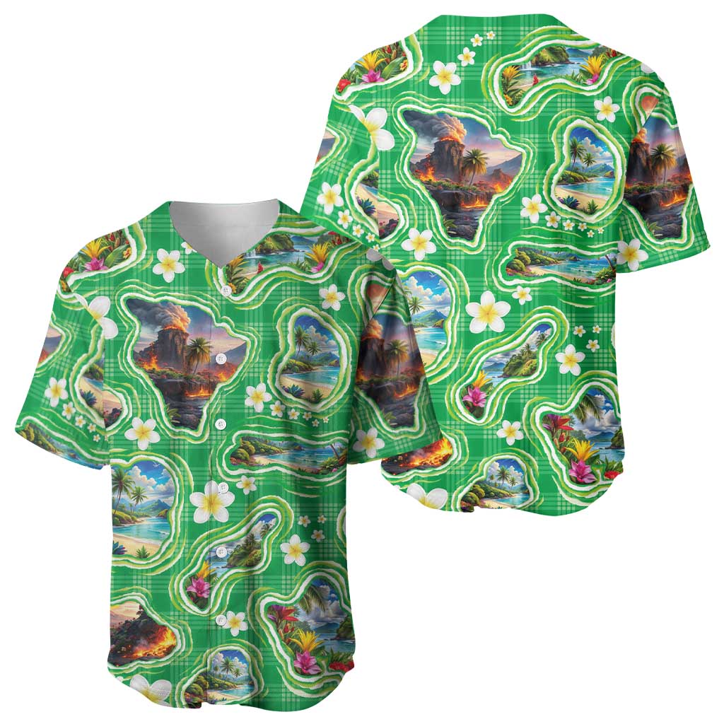 Hawaii Map with Plumeria Flower and Palaka Pattern Baseball Jersey Tropical Island Green Design LT03 - Polynesian Pride