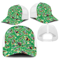 Hawaii Map with Plumeria Flower and Palaka Pattern Baseball Net Cap Tropical Island Green Design LT03 - Polynesian Pride