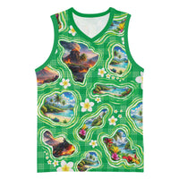 Hawaii Map with Plumeria Flower and Palaka Pattern Basketball Jersey Tropical Island Green Design LT03 Unisex Green - Polynesian Pride