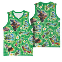 Hawaii Map with Plumeria Flower and Palaka Pattern Basketball Jersey Tropical Island Green Design LT03 - Polynesian Pride