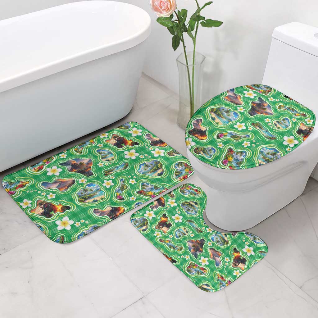 Hawaii Map with Plumeria Flower and Palaka Pattern Bathroom Set Tropical Island Green Design LT03 - Polynesian Pride