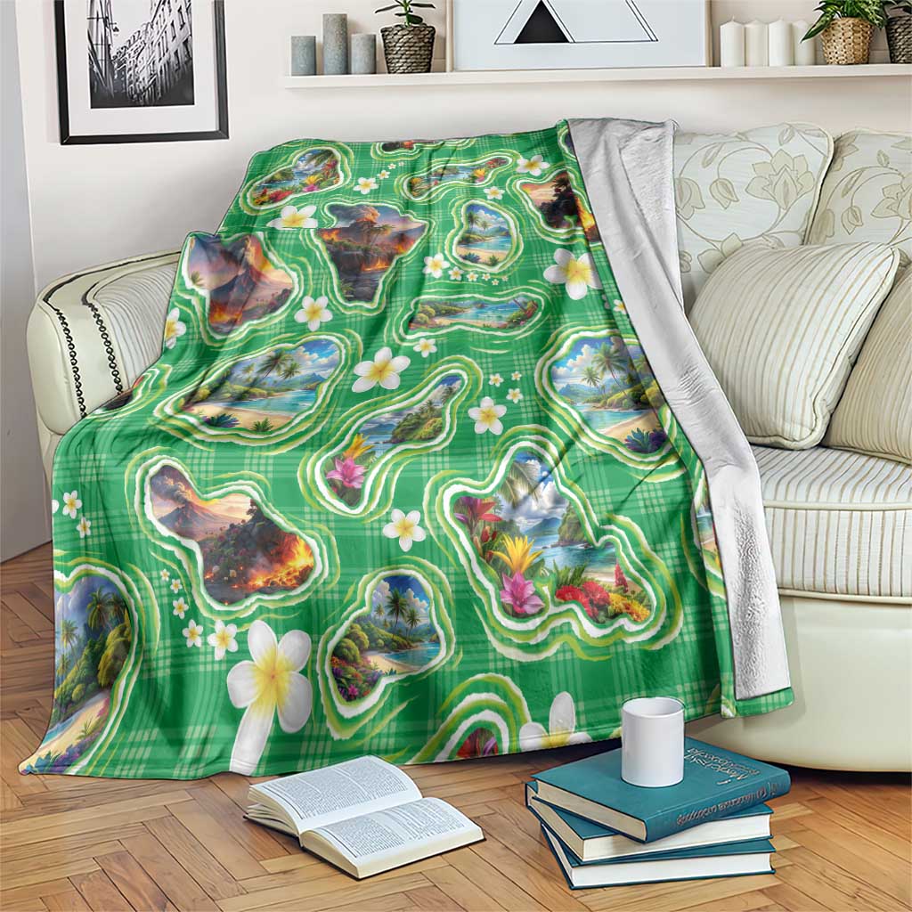 Hawaii Map with Plumeria Flower and Palaka Pattern Blanket Tropical Island Green Design LT03 Green - Polynesian Pride