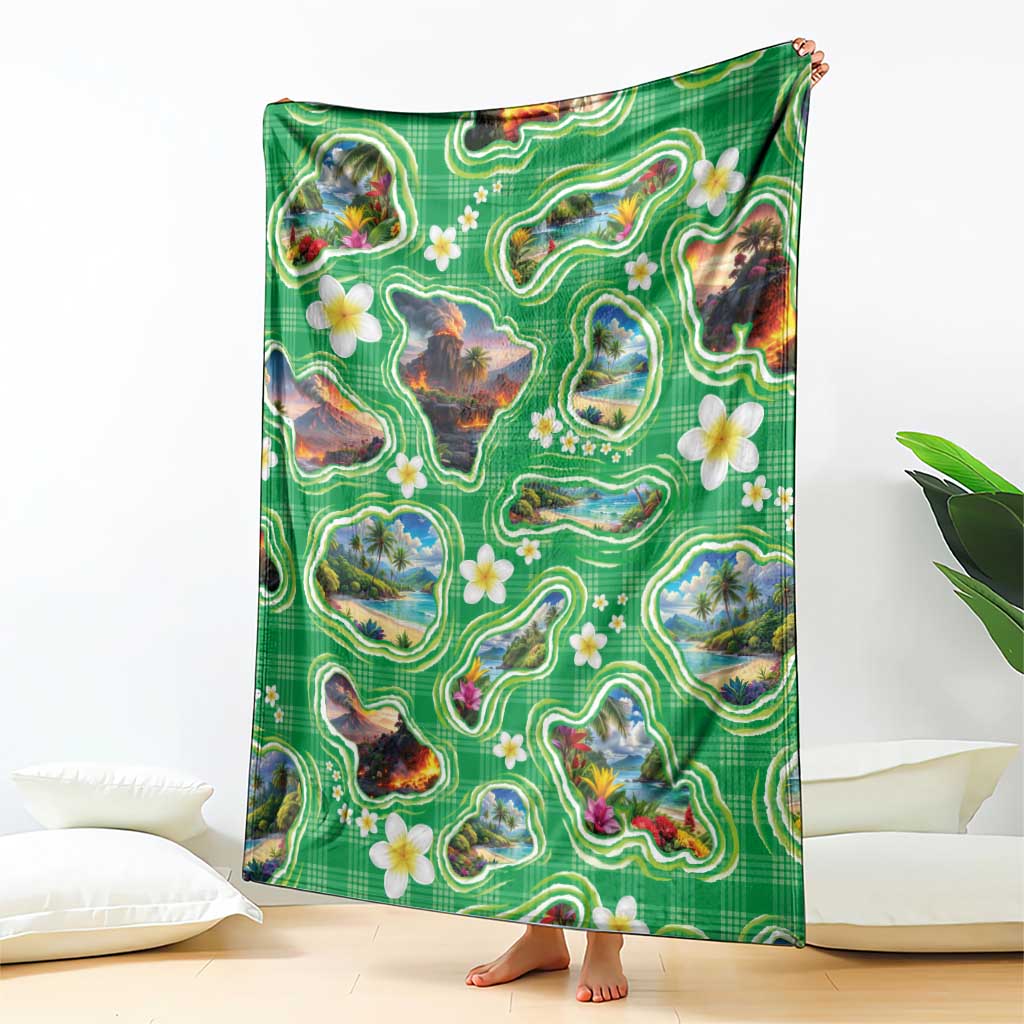 Hawaii Map with Plumeria Flower and Palaka Pattern Blanket Tropical Island Green Design LT03 - Polynesian Pride