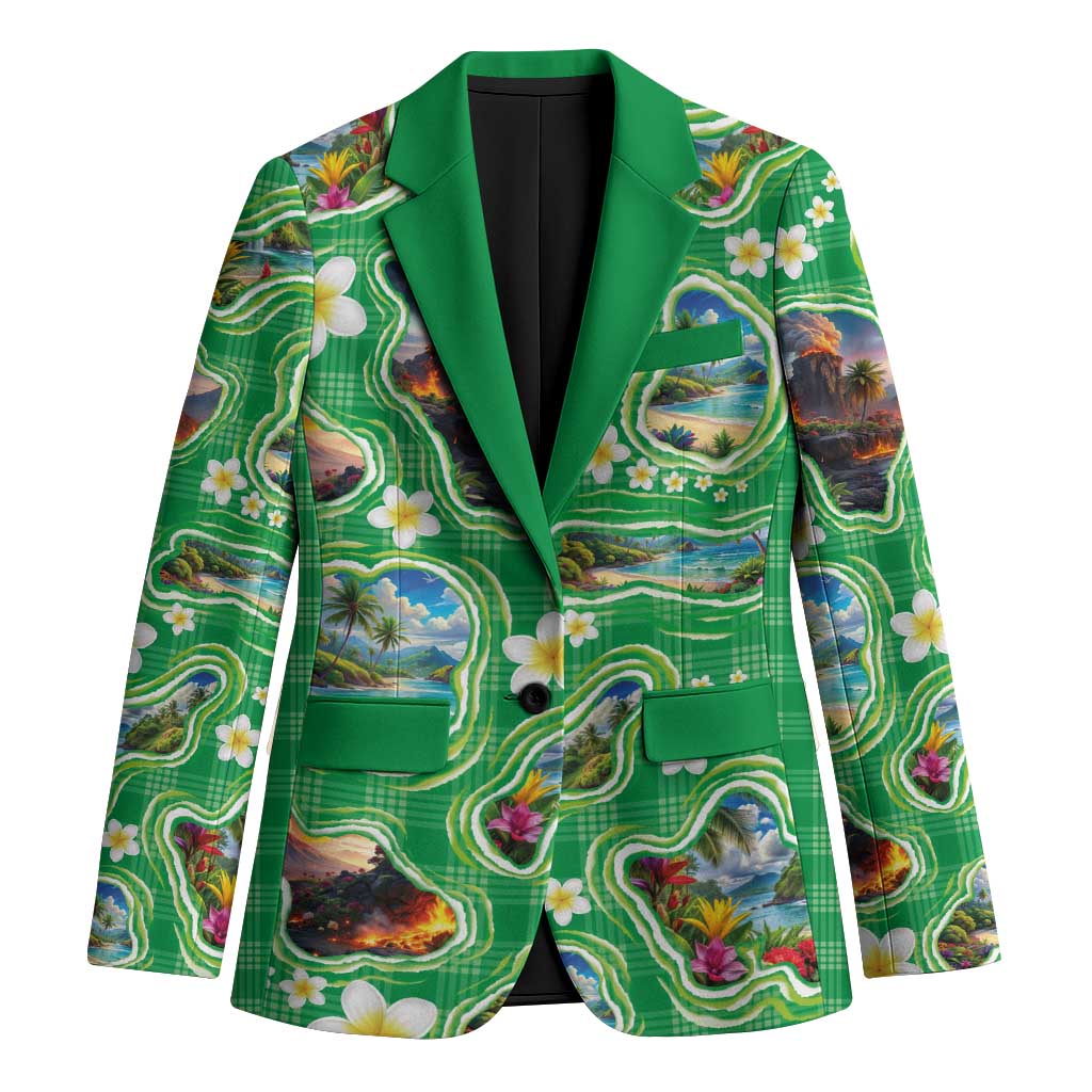 Hawaii Map with Plumeria Flower and Palaka Pattern Blazer Tropical Island Green Design LT03 Unisex Green - Polynesian Pride