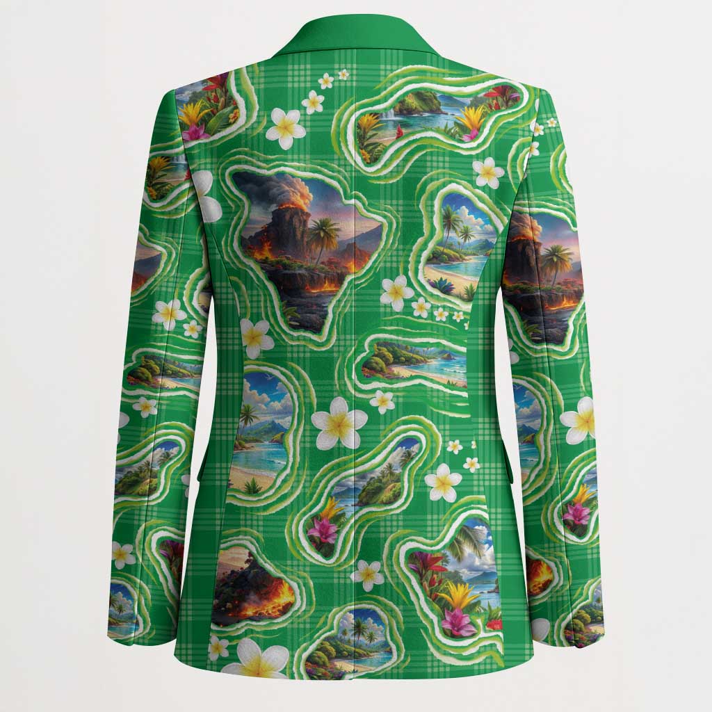 Hawaii Map with Plumeria Flower and Palaka Pattern Blazer Tropical Island Green Design LT03 - Polynesian Pride