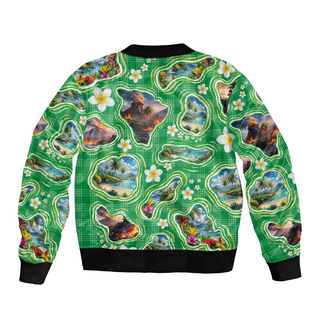 Hawaii Map with Plumeria Flower and Palaka Pattern Bomber Jacket Tropical Island Green Design LT03 - Polynesian Pride
