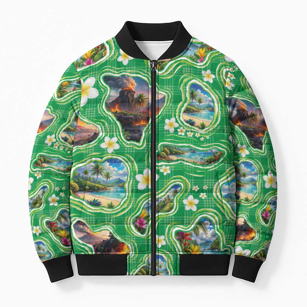 Hawaii Map with Plumeria Flower and Palaka Pattern Bomber Puffer Jacket Tropical Island Green Design