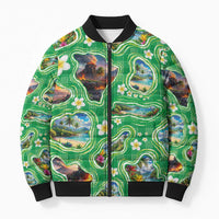 Hawaii Map with Plumeria Flower and Palaka Pattern Bomber Puffer Jacket Tropical Island Green Design