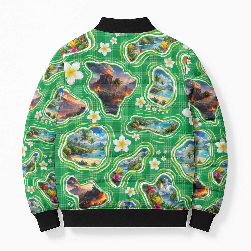 Hawaii Map with Plumeria Flower and Palaka Pattern Bomber Puffer Jacket Tropical Island Green Design