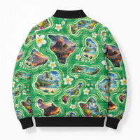 Hawaii Map with Plumeria Flower and Palaka Pattern Bomber Puffer Jacket Tropical Island Green Design