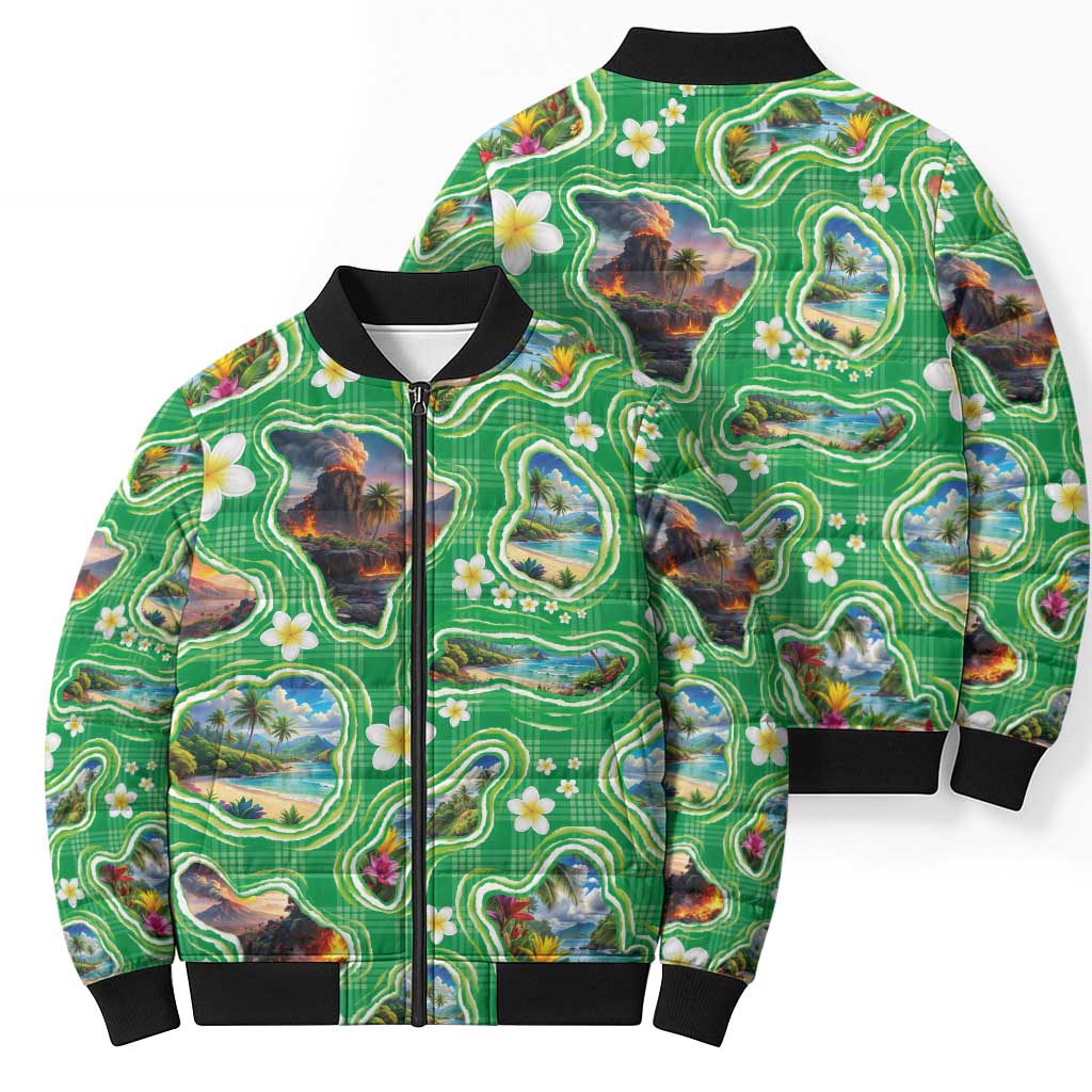 Hawaii Map with Plumeria Flower and Palaka Pattern Bomber Puffer Jacket Tropical Island Green Design