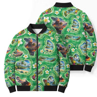 Hawaii Map with Plumeria Flower and Palaka Pattern Bomber Puffer Jacket Tropical Island Green Design