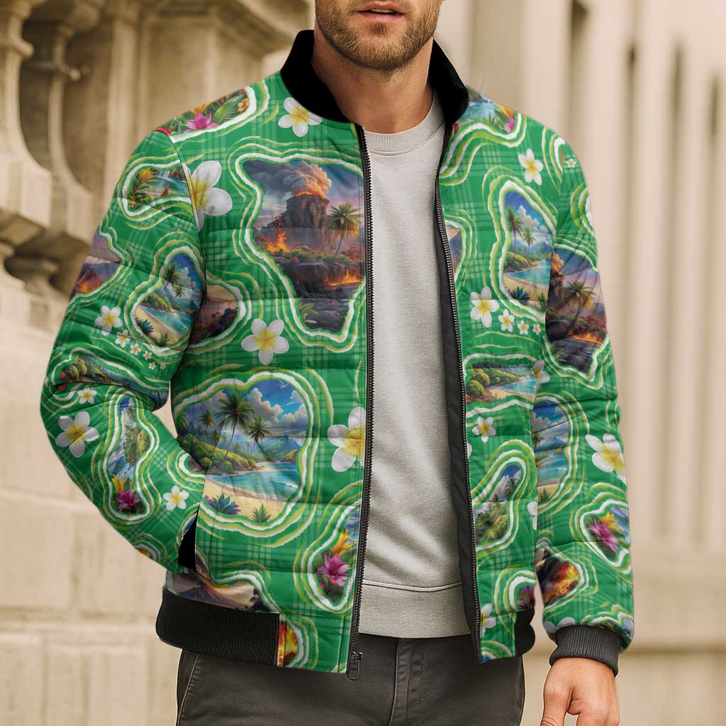 Hawaii Map with Plumeria Flower and Palaka Pattern Bomber Puffer Jacket Tropical Island Green Design