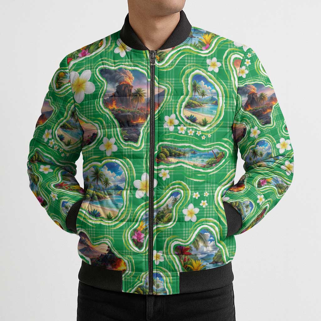 Hawaii Map with Plumeria Flower and Palaka Pattern Bomber Puffer Jacket Tropical Island Green Design