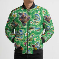 Hawaii Map with Plumeria Flower and Palaka Pattern Bomber Puffer Jacket Tropical Island Green Design