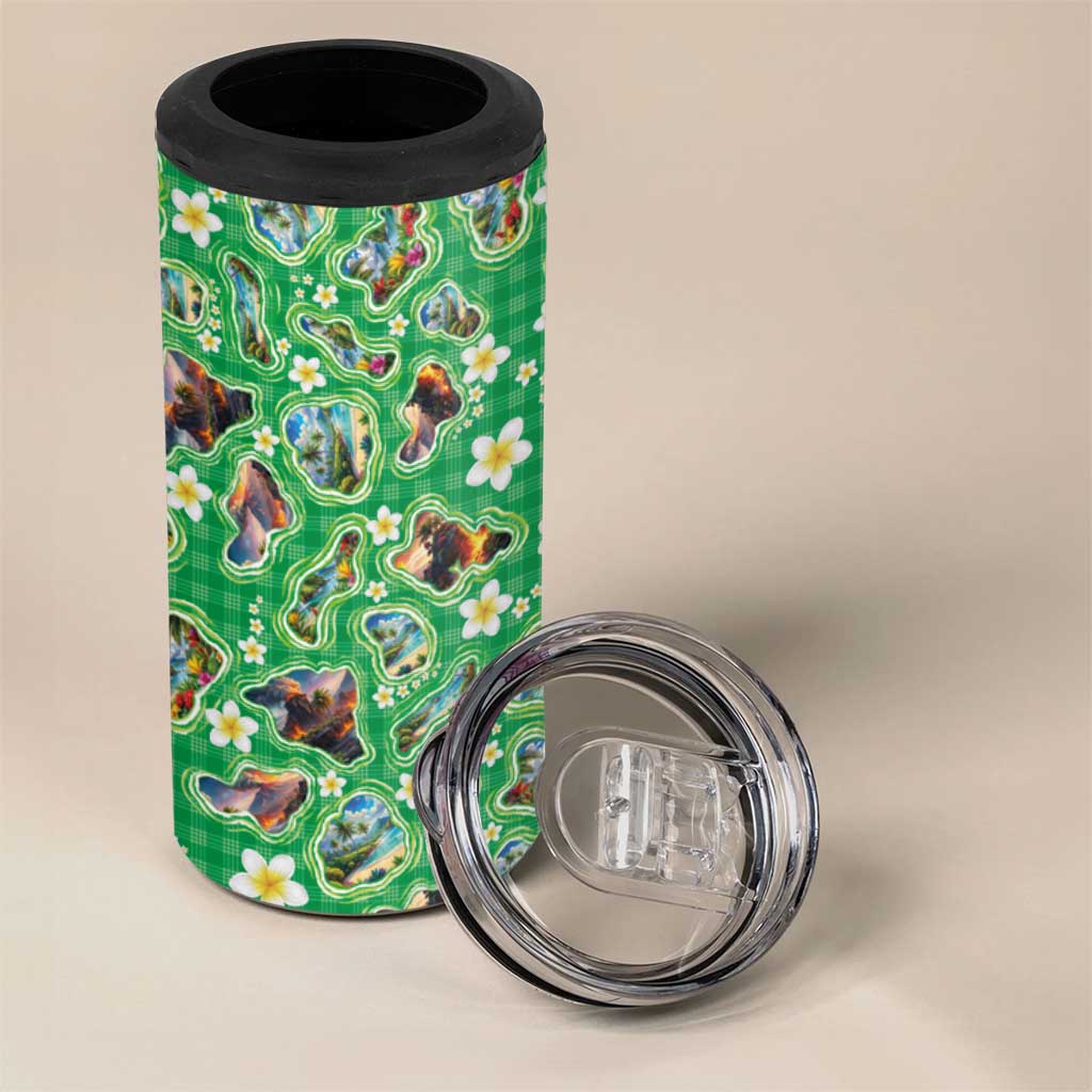 Hawaii Map with Plumeria Flower and Palaka Pattern 4 in 1 Can Cooler Tumbler Tropical Island Green Design LT03 - Polynesian Pride
