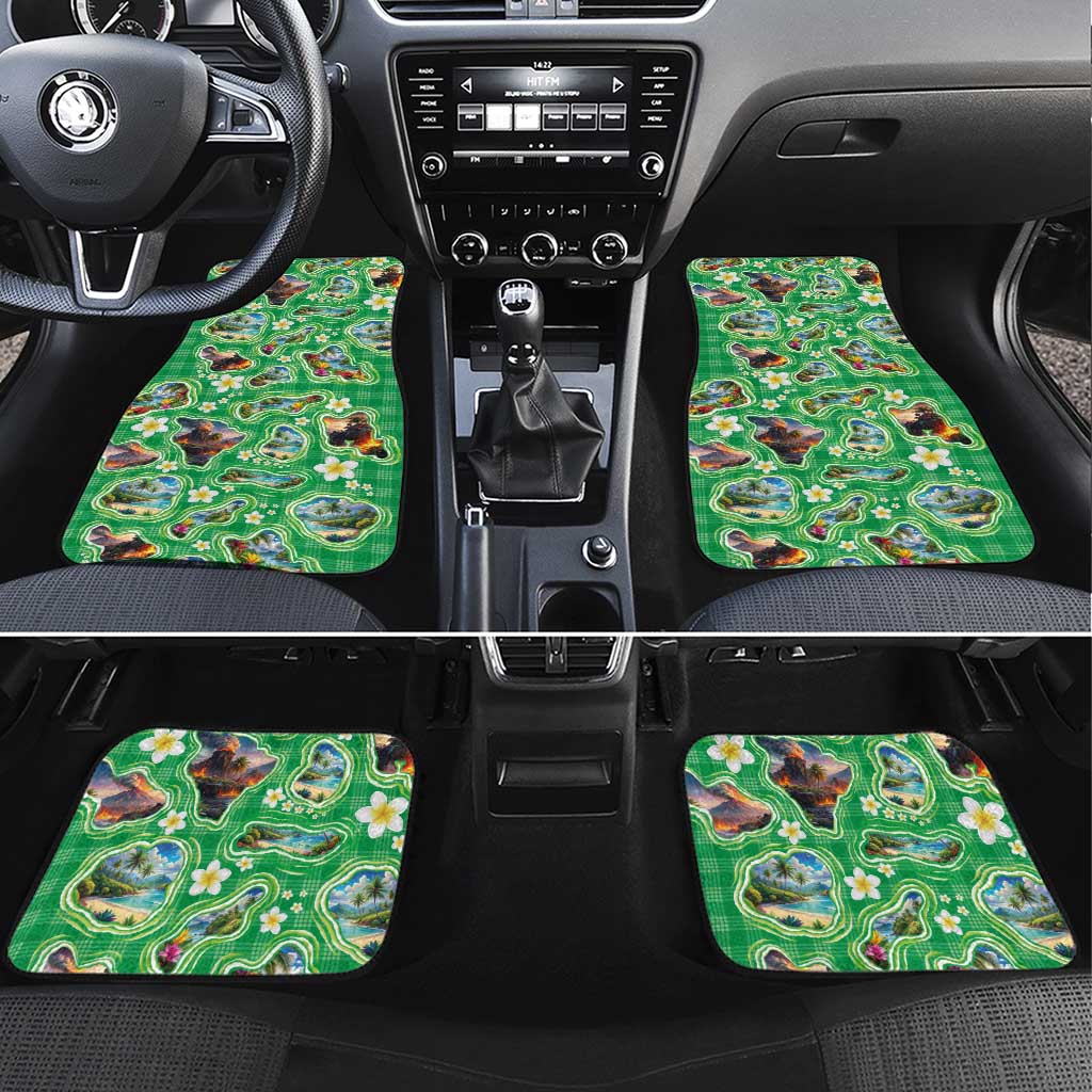 Hawaii Map with Plumeria Flower and Palaka Pattern Car Mats Tropical Island Green Design LT03 Set 4pcs Green - Polynesian Pride