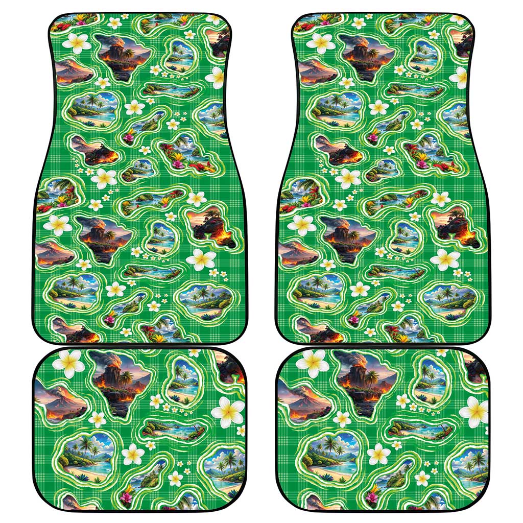 Hawaii Map with Plumeria Flower and Palaka Pattern Car Mats Tropical Island Green Design LT03 - Polynesian Pride