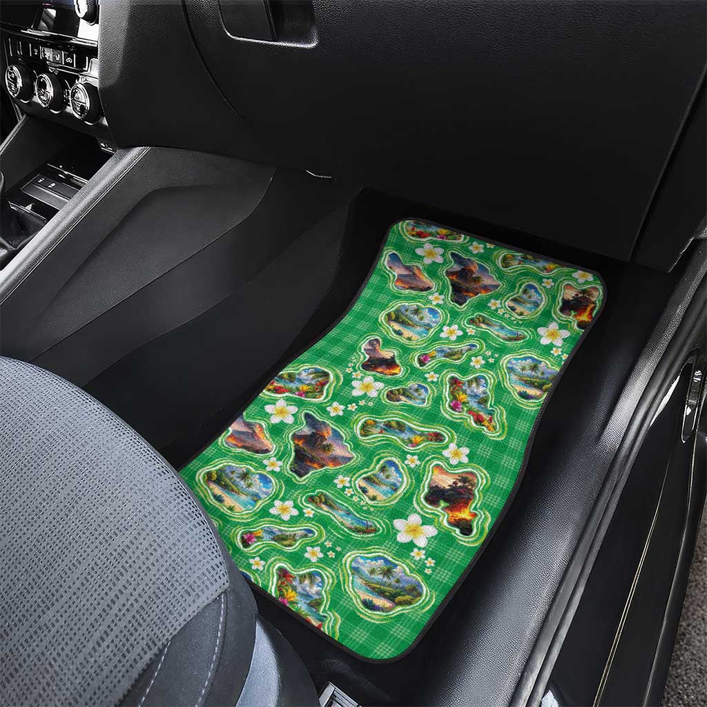 Hawaii Map with Plumeria Flower and Palaka Pattern Car Mats Tropical Island Green Design LT03 - Polynesian Pride