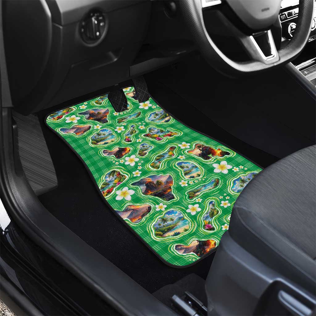 Hawaii Map with Plumeria Flower and Palaka Pattern Car Mats Tropical Island Green Design LT03 - Polynesian Pride