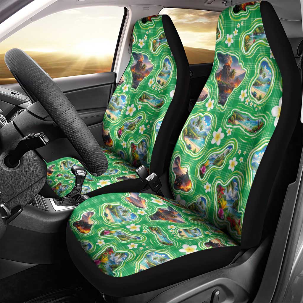 Hawaii Map with Plumeria Flower and Palaka Pattern Car Seat Cover Tropical Island Green Design LT03 - Polynesian Pride