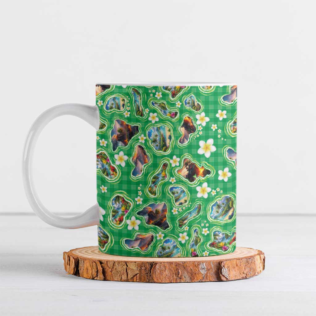 Hawaii Map with Plumeria Flower and Palaka Pattern Ceramic Mug Tropical Island Green Design LT03 Green - Polynesian Pride