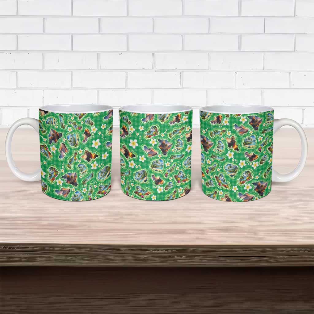 Hawaii Map with Plumeria Flower and Palaka Pattern Ceramic Mug Tropical Island Green Design LT03 - Polynesian Pride