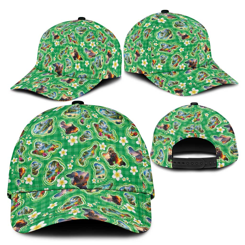 Hawaii Map with Plumeria Flower and Palaka Pattern Classic Cap Tropical Island Green Design LT03 - Polynesian Pride