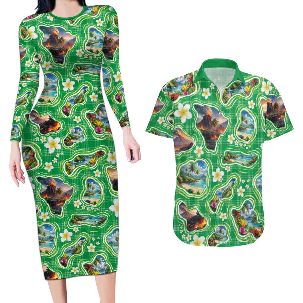 Hawaii Map with Plumeria Flower and Palaka Pattern Couples Matching Long Sleeve Bodycon Dress and Hawaiian Shirt Tropical Island Green Design