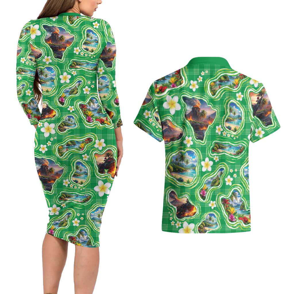 Hawaii Map with Plumeria Flower and Palaka Pattern Couples Matching Long Sleeve Bodycon Dress and Hawaiian Shirt Tropical Island Green Design