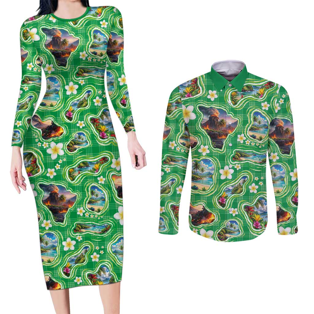 Hawaii Map with Plumeria Flower and Palaka Pattern Couples Matching Long Sleeve Bodycon Dress and Long Sleeve Button Shirt Tropical Island Green Design