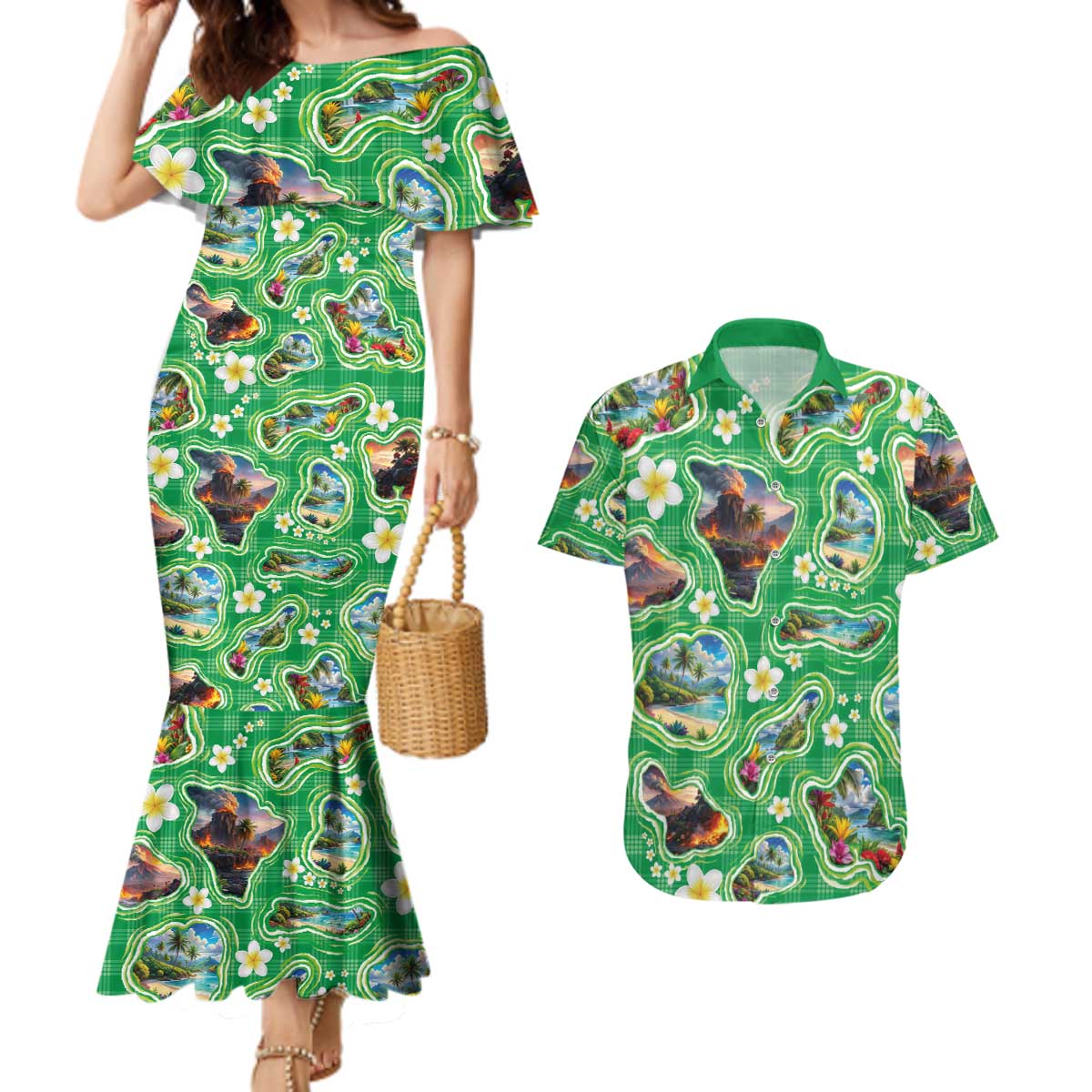 Hawaii Map with Plumeria Flower and Palaka Pattern Couples Matching Mermaid Dress and Hawaiian Shirt Tropical Island Green Design