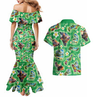 Hawaii Map with Plumeria Flower and Palaka Pattern Couples Matching Mermaid Dress and Hawaiian Shirt Tropical Island Green Design