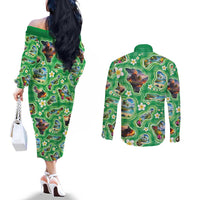 Hawaii Map with Plumeria Flower and Palaka Pattern Couples Matching Off The Shoulder Long Sleeve Dress and Long Sleeve Button Shirt Tropical Island Green Design