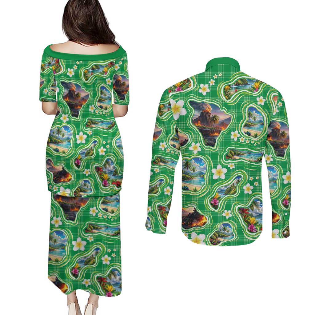 Hawaii Map with Plumeria Flower and Palaka Pattern Couples Matching Puletasi and Long Sleeve Button Shirt Tropical Island Green Design LT03 - Polynesian Pride