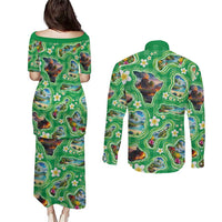 Hawaii Map with Plumeria Flower and Palaka Pattern Couples Matching Puletasi and Long Sleeve Button Shirt Tropical Island Green Design LT03 - Polynesian Pride