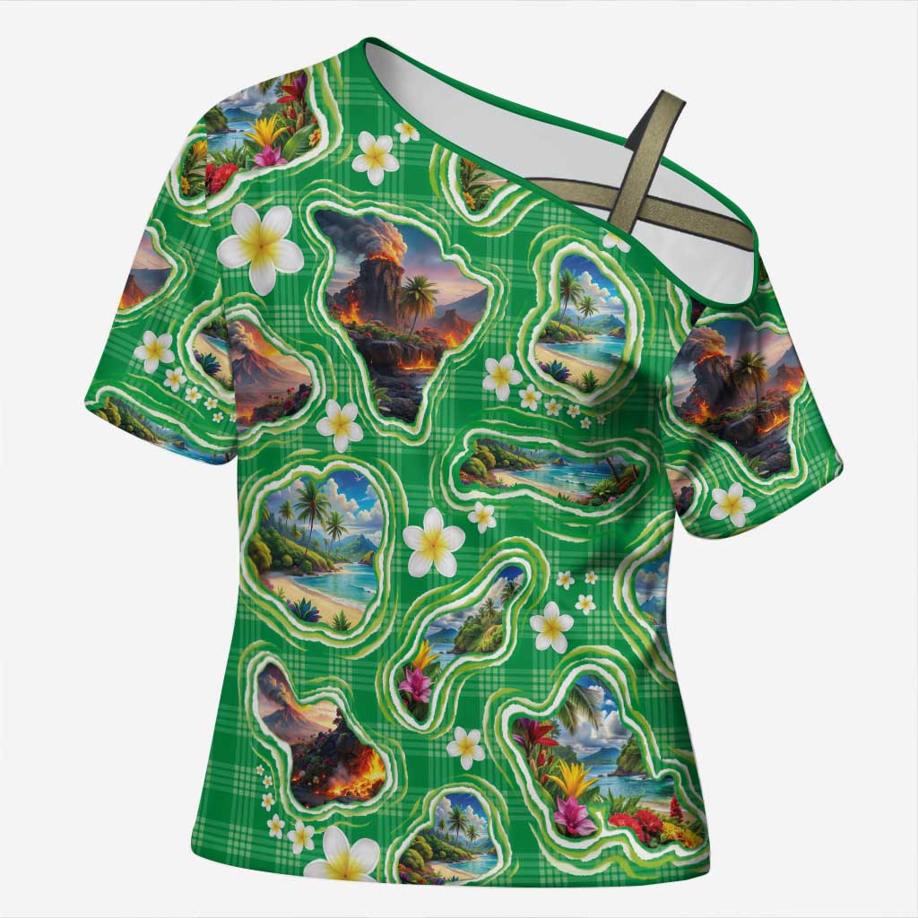 Hawaii Map with Plumeria Flower and Palaka Pattern Cross Shoulder Shirt Tropical Island Green Design LT03 Female Green - Polynesian Pride