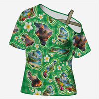 Hawaii Map with Plumeria Flower and Palaka Pattern Cross Shoulder Shirt Tropical Island Green Design LT03 Female Green - Polynesian Pride
