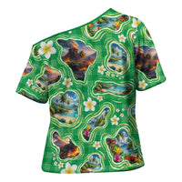 Hawaii Map with Plumeria Flower and Palaka Pattern Cross Shoulder Shirt Tropical Island Green Design LT03 - Polynesian Pride