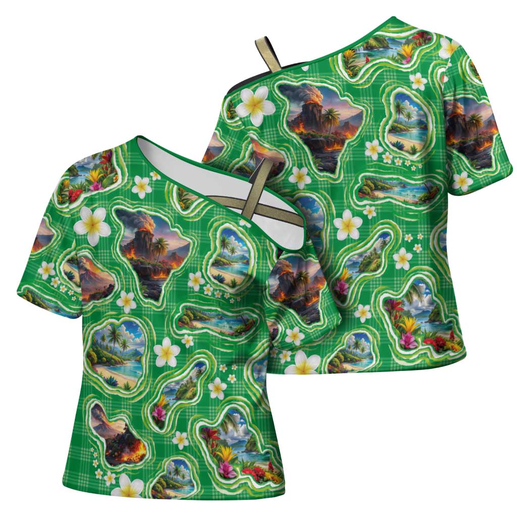 Hawaii Map with Plumeria Flower and Palaka Pattern Cross Shoulder Shirt Tropical Island Green Design LT03 - Polynesian Pride
