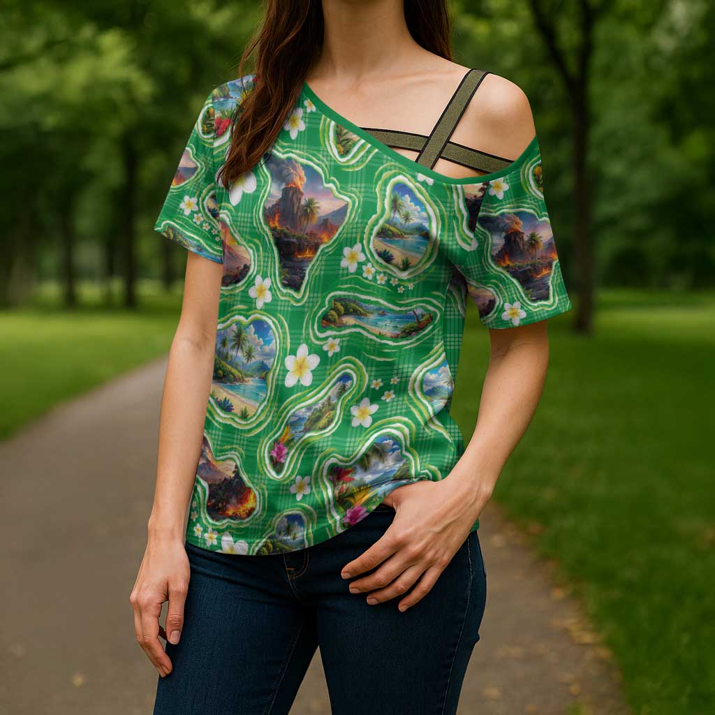 Hawaii Map with Plumeria Flower and Palaka Pattern Cross Shoulder Shirt Tropical Island Green Design LT03 - Polynesian Pride